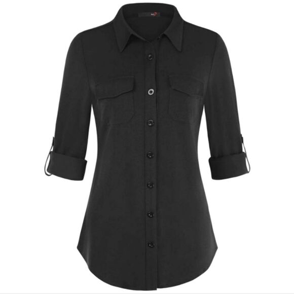 DJT Women’s Roll-Up Long Sleeve Solid Black Women’s Collared Button-Down Shirt - Picture 2 of 16